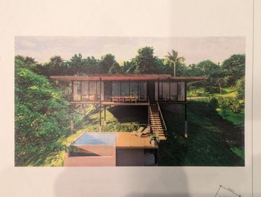 Modern hillside house with glass walls and an infinity pool overlooking lush greenery.