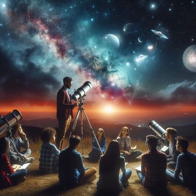 An image depicting a group of people sat on a hill  discussing what's up in the sky.