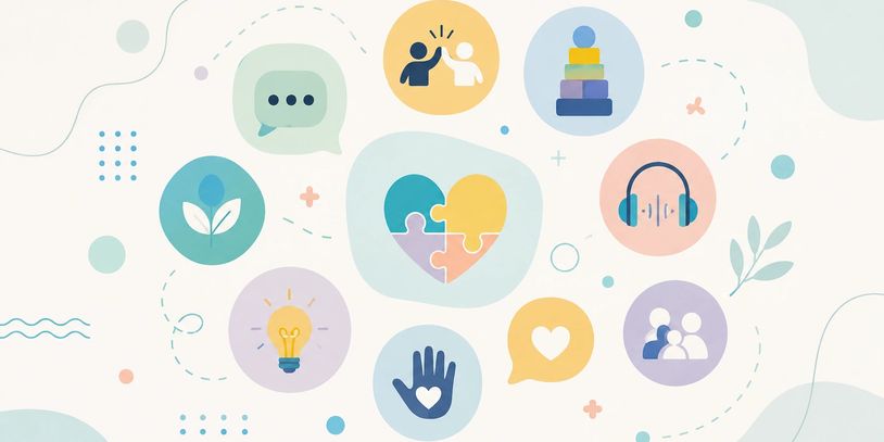 Colorful mental health icons and symbols.