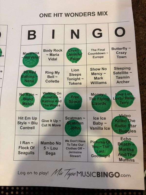 Bingo Sheet themed around songs. There is a bingo marked on the sheet