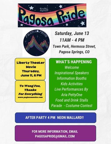 Flyer for 2026 Pagosa Pride event with schedule and activities.
