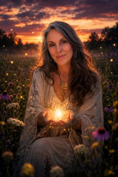 Woman holding glowing light at sunset in a flower field.