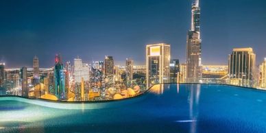 Luxurious luxury apartment room with a view of the Burj Khalifa in Dubai, UAE.