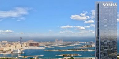 View of the Palm Jumeirah Dubai and a new building.