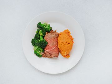 Gluten free, low- carb, grass fed beef sirloin with sweet potato and broccoli