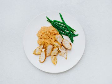Gluten free, low- carb, chicken salad with cheesy yams and green beans