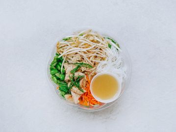 Gluten free, low- carb, lemongrass chicken salad with noodles and asian dressing
