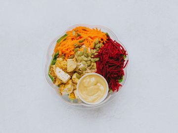 Gluten free, low- carb, chicken salad with pickled beets and tahini dressing