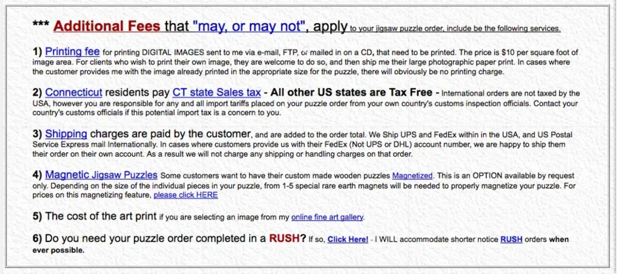 Additional fees for custom made jigsaw puzzles