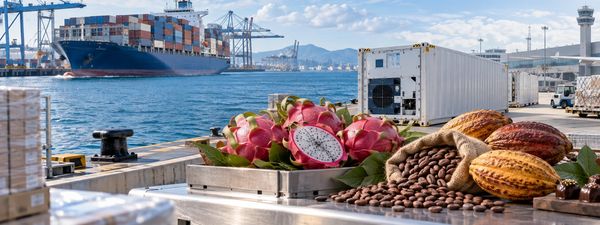 Puerto con exportación de productos como pitahaya y cacao.