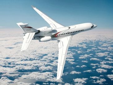 Dassault Falcon 8X in flight, showcasing its tri-jet design and ultra-long-range luxury.