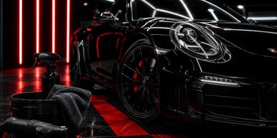 A sleek black sports car in a dimly lit garage.