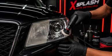Car headlight restoration in progress.