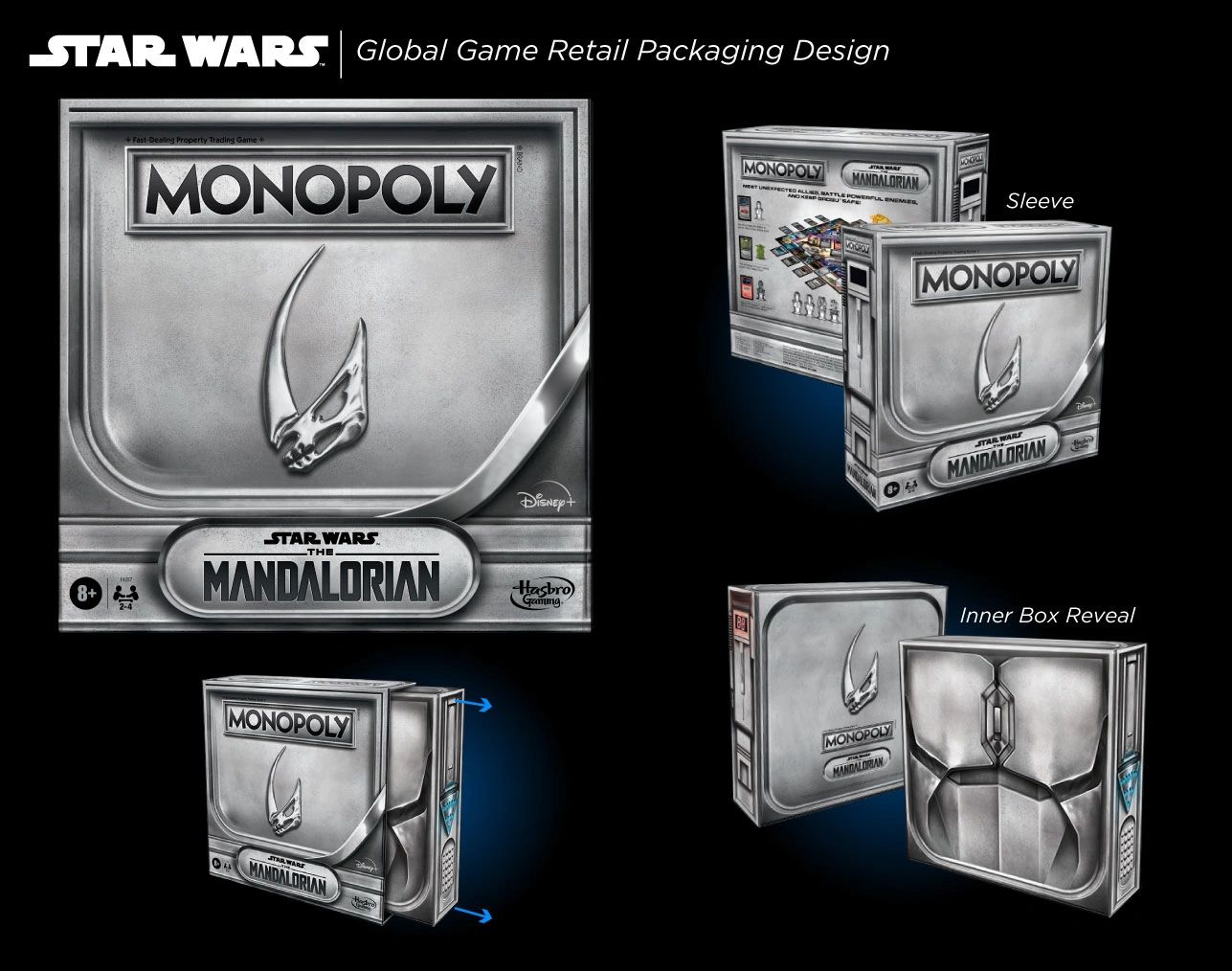 Monopoly Mandalorian Star Wars edition retail board game packaging design Dave Moccia.