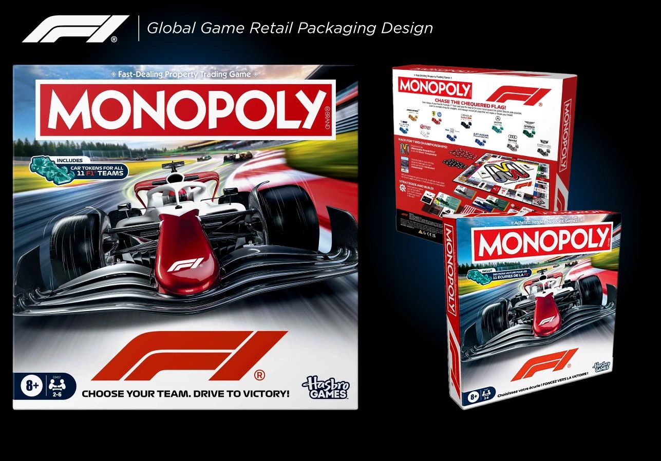 Monopoly F1 Formula 1 racing retail board game packaging dieline layout Dave Moccia.