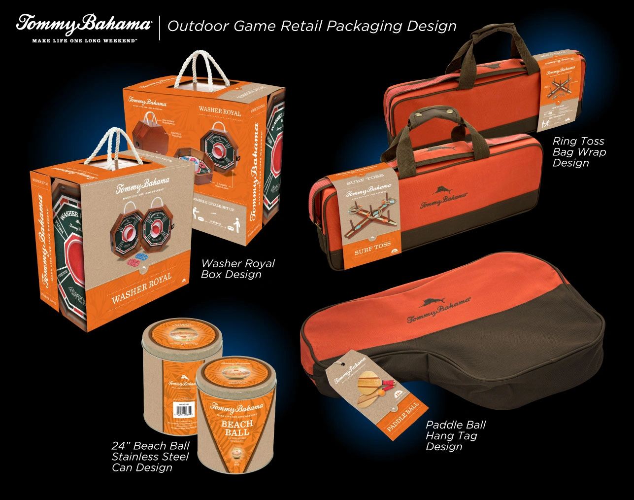 Tommy Bahama custom outdoor lawn games retail packaging dieline layout by Dave Moccia.