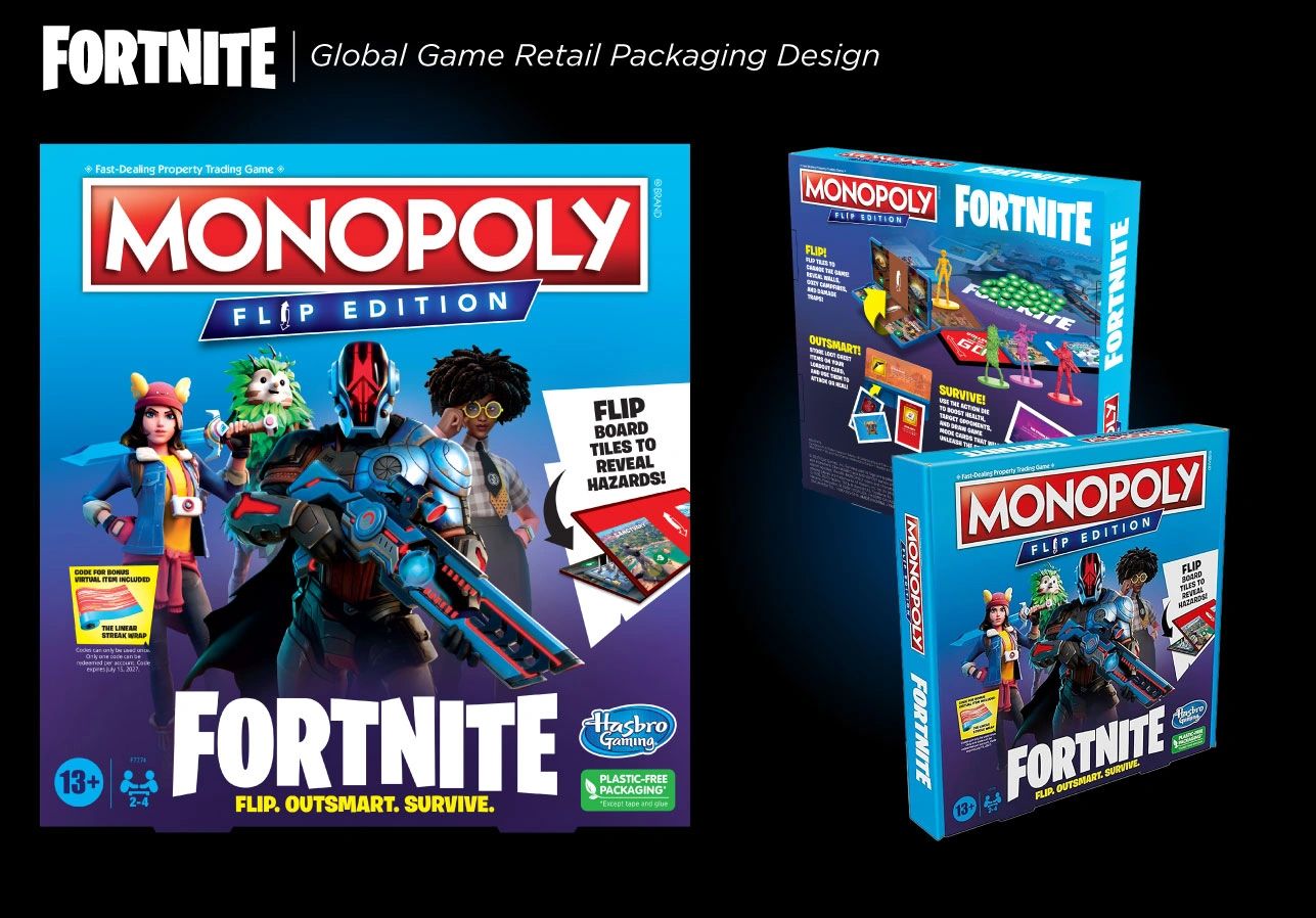 Monopoly Fortnite Flip edition retail board game packaging dieline layout Dave Moccia.