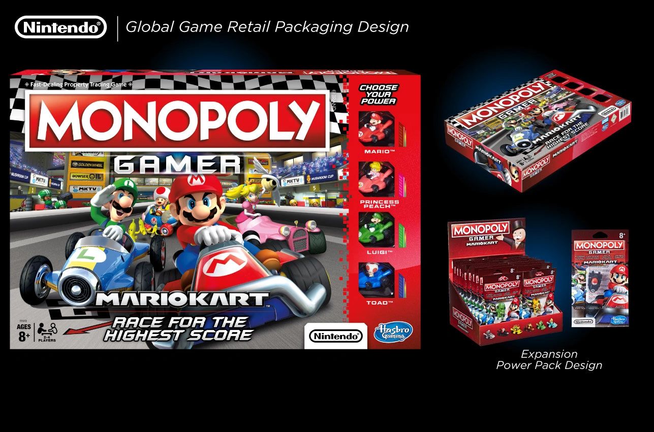 Monopoly Gamer Mario Kart packaging layout and retail display PDQ box by Dave Moccia.
