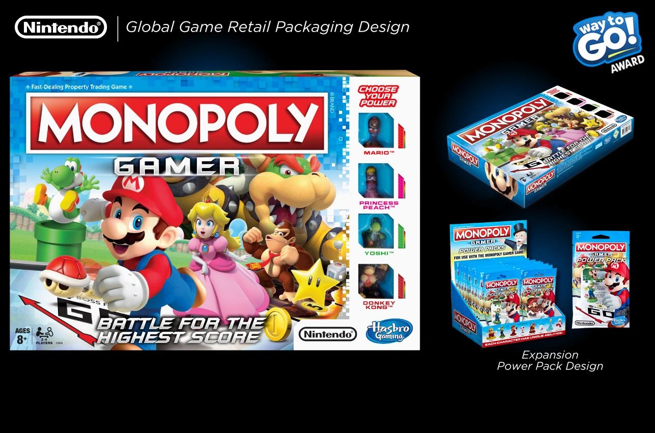 Monopoly Gamer Nintendo packaging dieline and retail PDQ display layout by Dave Moccia.