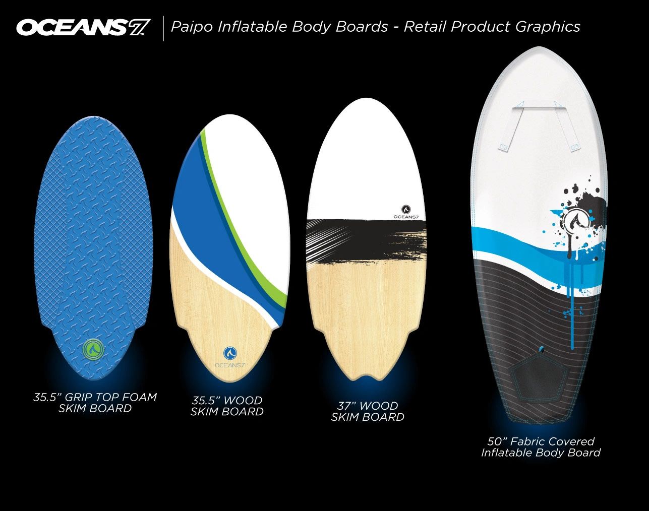 Oceans 7 skim board product graphic illustration and master vector layout Dave Moccia.
