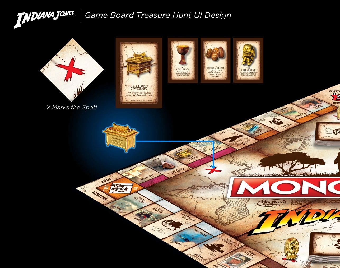 Monopoly Indiana Jones game board treasure hunt layout UI by Dave Moccia.