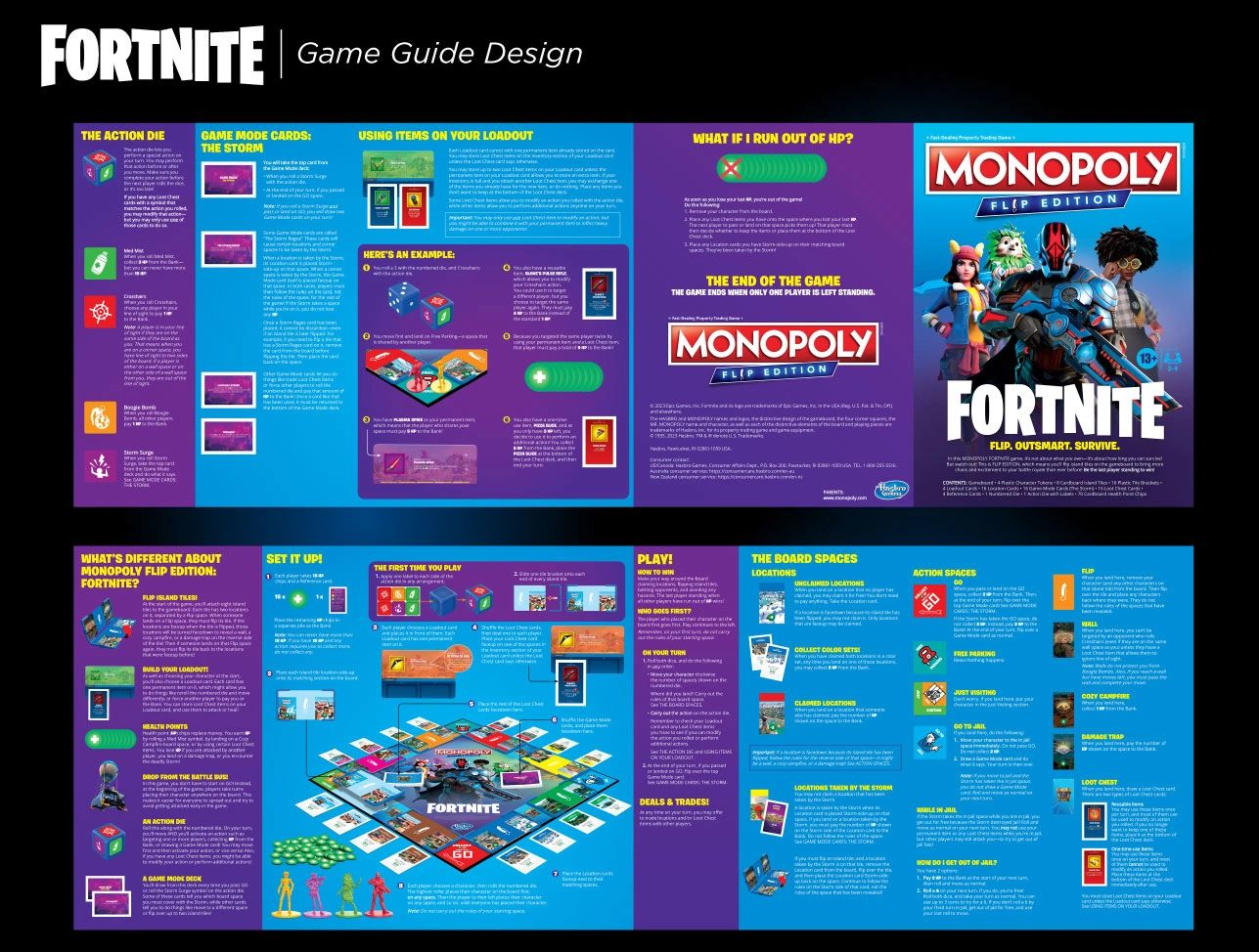 Monopoly Fortnite Flip instruction rules booklet vector layout design by Dave Moccia.
