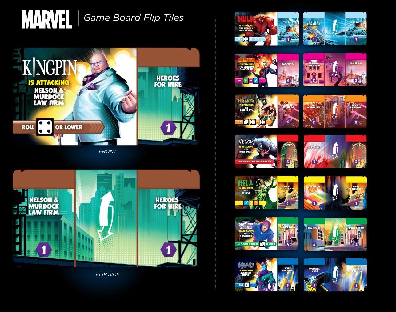 Marvel Flip board game boss roll mechanic and tracker interface layout by Dave Moccia.