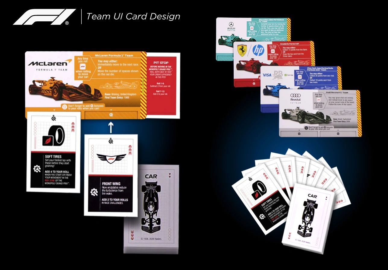 Monopoly F1 Formula 1 racing team upgrade car mat grid layout UI design by Dave Moccia.
