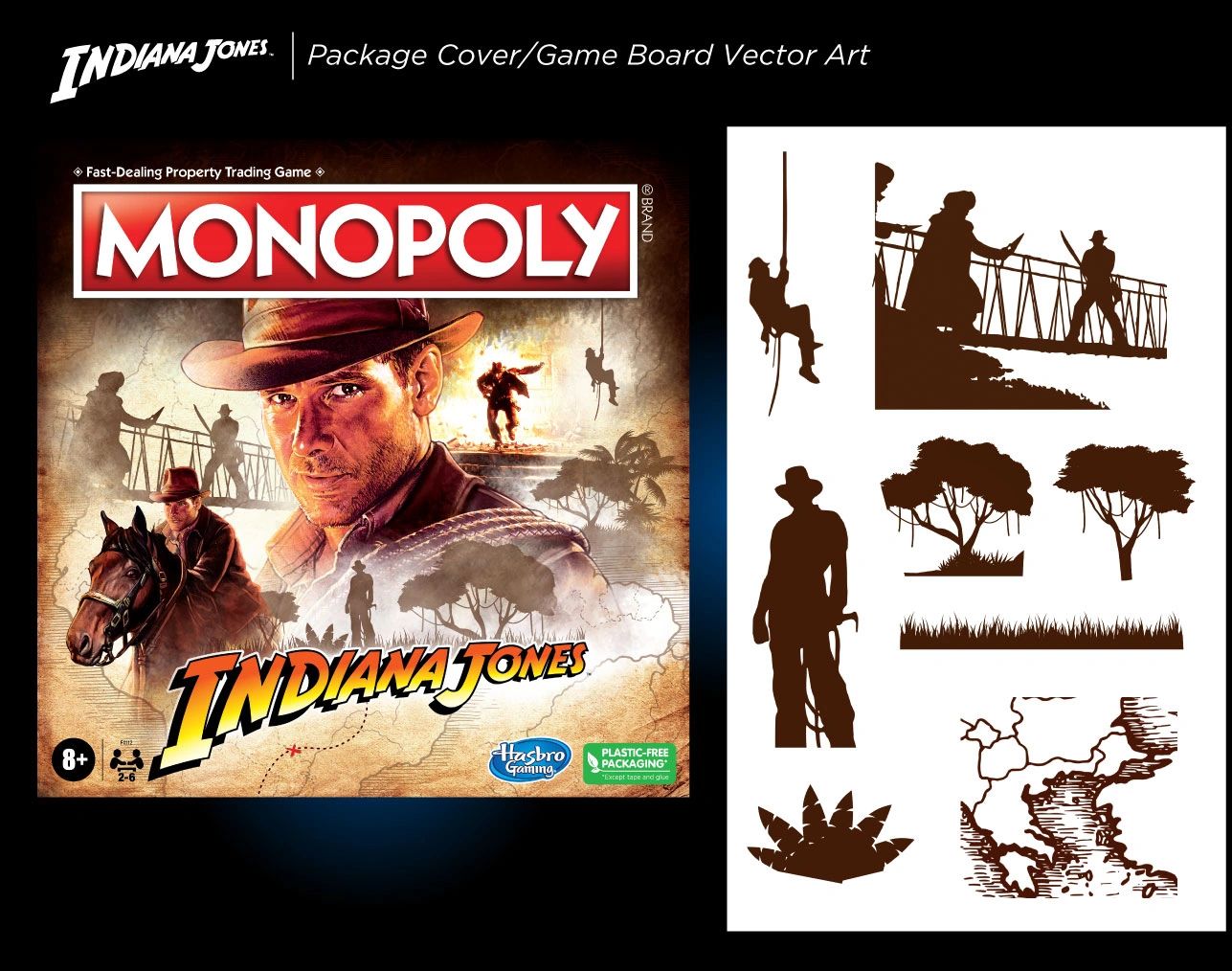 Monopoly Indiana Jones retail packaging front layout and custom vector art Dave Moccia.