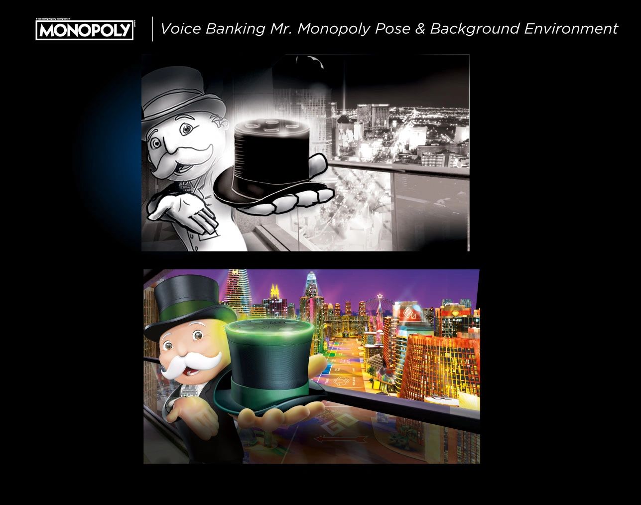 Monopoly Voice Banking Mr Monopoly character pose sketch and final rendering art.