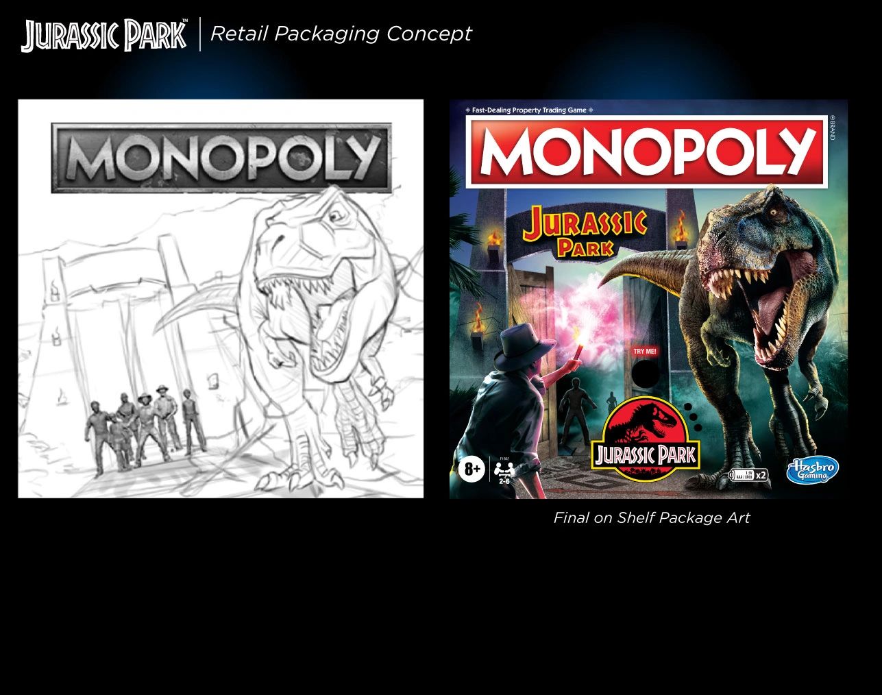 Jurassic Park board game cover concept sketch and final retail layout art Dave Moccia.