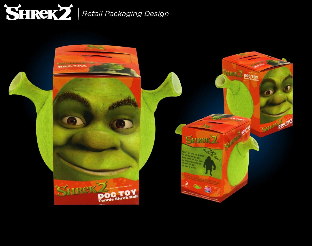 Shrek oversized tennis ball dog toy retail pet packaging dieline layout Dave Moccia.