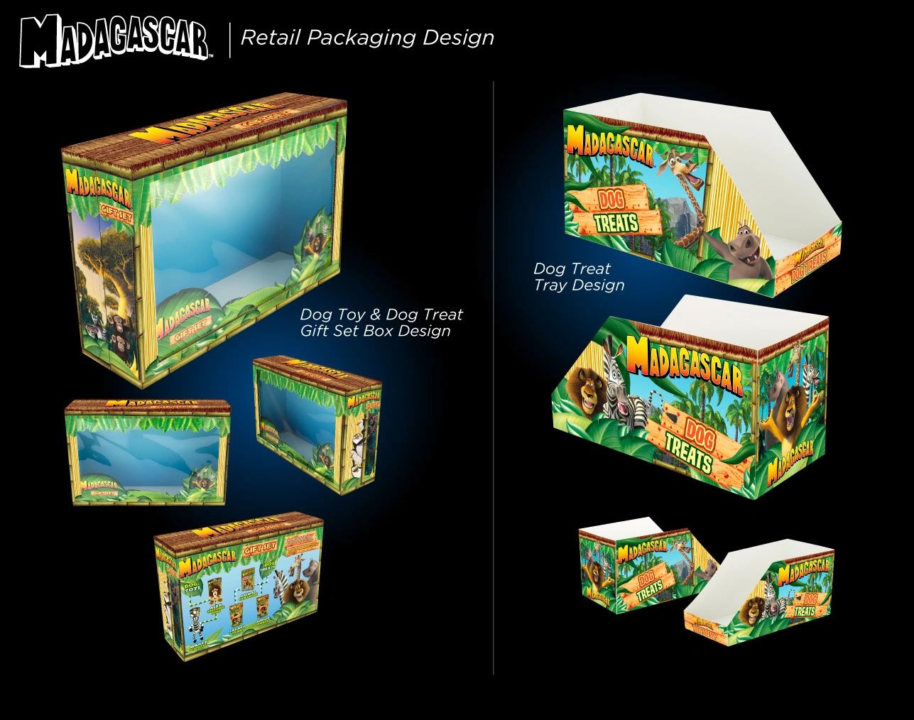 Madagascar movie franchise retail pet product packaging dieline design by Dave Moccia.