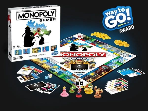 Nintendo-themed Monopoly Gamer board game with character figurines and cards.