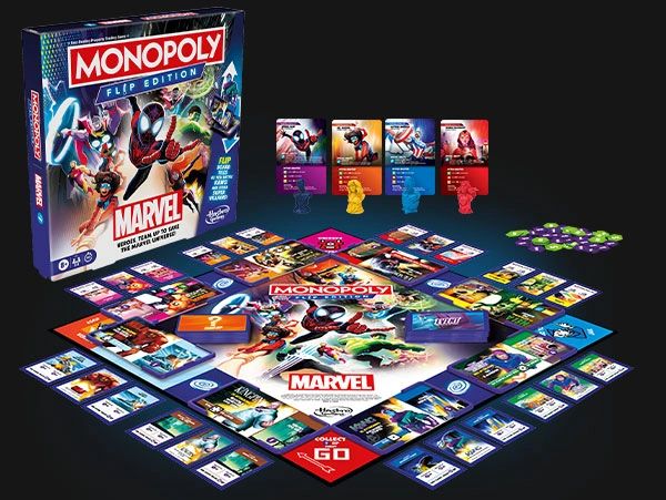 Monopoly Marvel Flip design by Dave Moccia. Neon Spider-Verse aesthetic for Marvel IP.