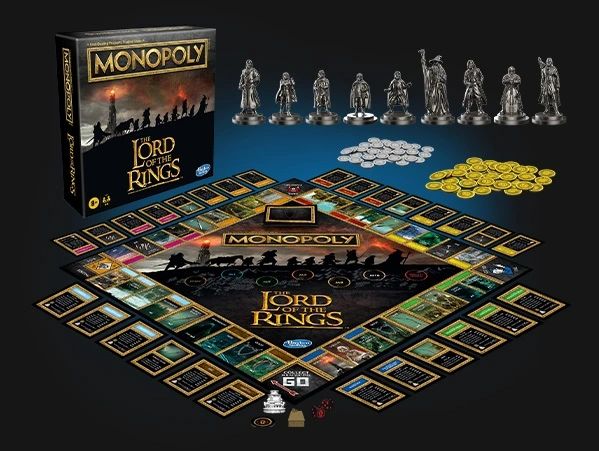 Monopoly Lord of the Rings board game contents including custom tokens, cards, and board art.