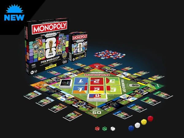 Monopoly Panini FIFA 26 board game packaging and component product layout design overview.