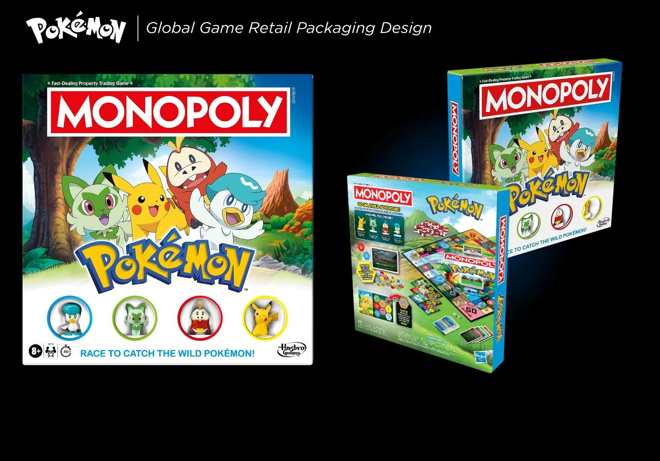 Monopoly Pokemon edition retail board game packaging dieline layout Dave Moccia.