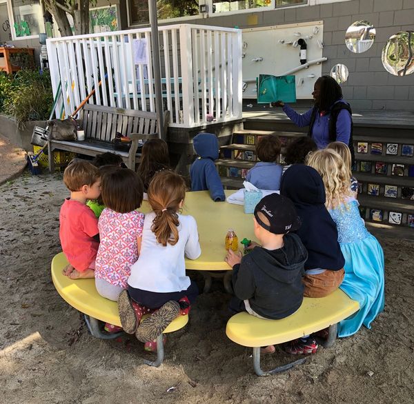 children sitting at a picnic table outside
