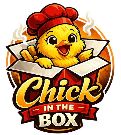 Cute chick wearing a chef hat popping out of a box with 'Chick in the Box' text.