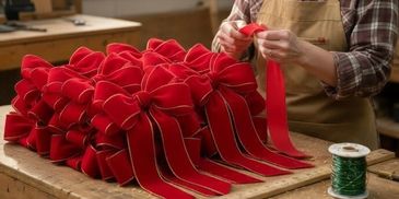 Person making large red bows on a table.