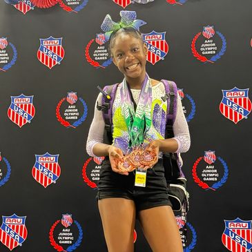 a girl wearing a medals