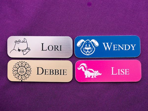 Plastic engraved name badges in assorted colours