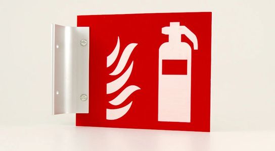 Projecting wall sign for fire extinguisher - also called a corridor sign.
