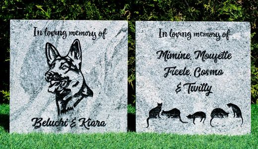 Pet memorials carved into flat granite pavers.