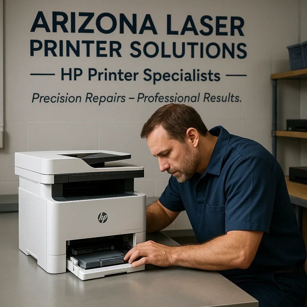arizona laser printer repair solutions technician repairing an hp laserjet mfp