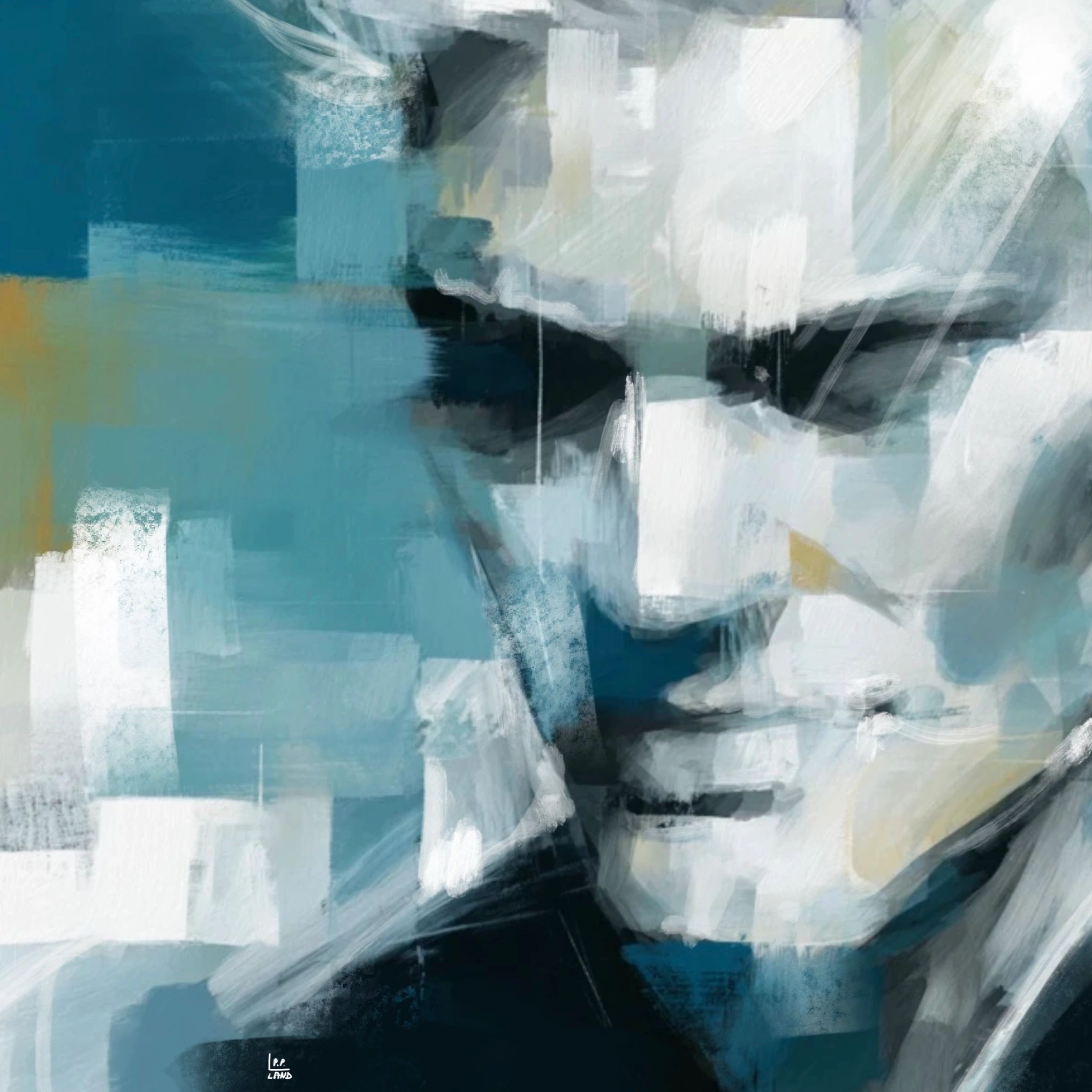 Abstract painting of a face with blue and white tones.