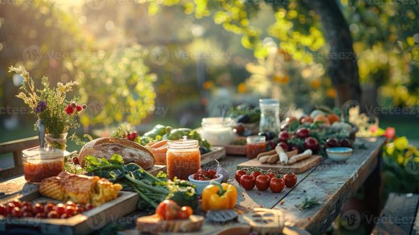 Outdoor rustic table with fresh vegetables, bread, and jars.