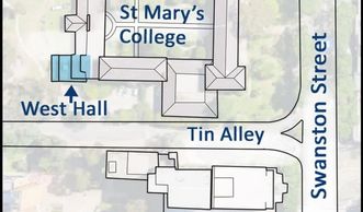 Map showing locations of St Marys College West Hall and Frewin Room, University of Melbourne 