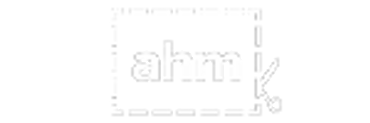 A logo with 'ahm' text inside a dashed rectangle and a scissor icon.